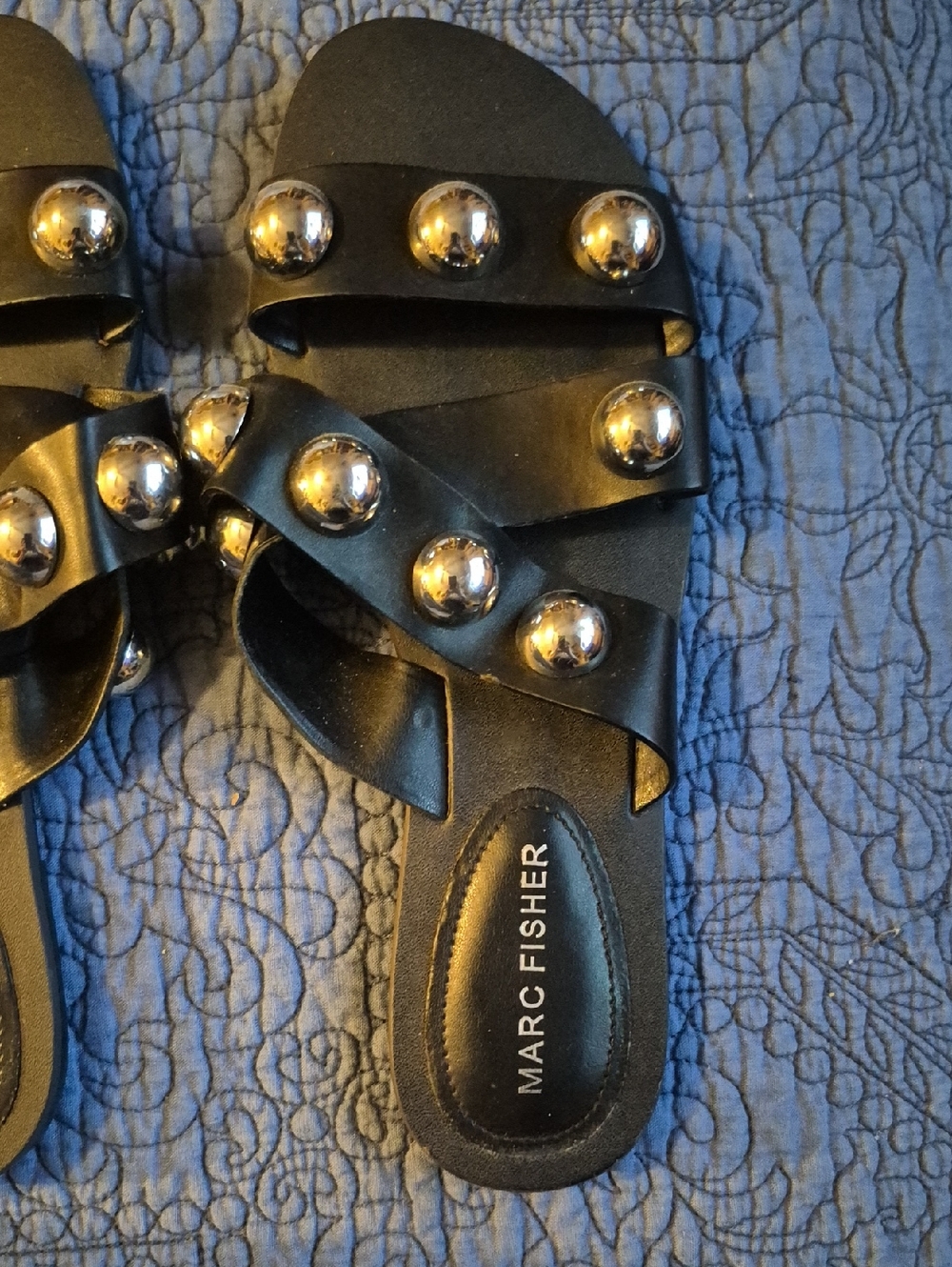Marc Fisher Black Leather Slide Sandals with Silver Studs